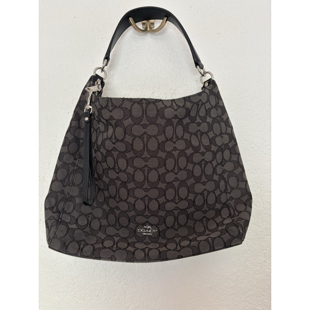 Coach Signature Jacquard Purse Handbag Hobo Style Black‎ and Grey - Picture 4 of 12